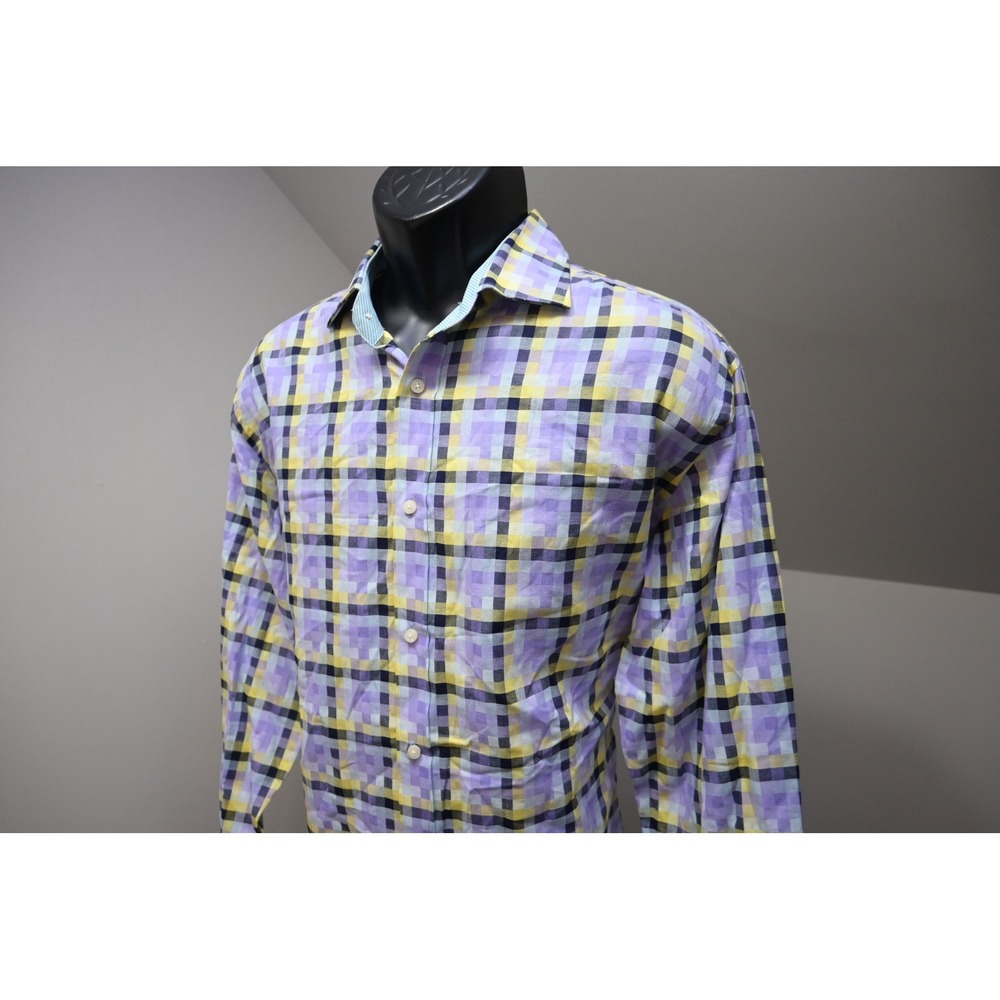 Thomas Dean Button Down Shirt Mens Large Purple Yellow Plaid Cotton Excellent